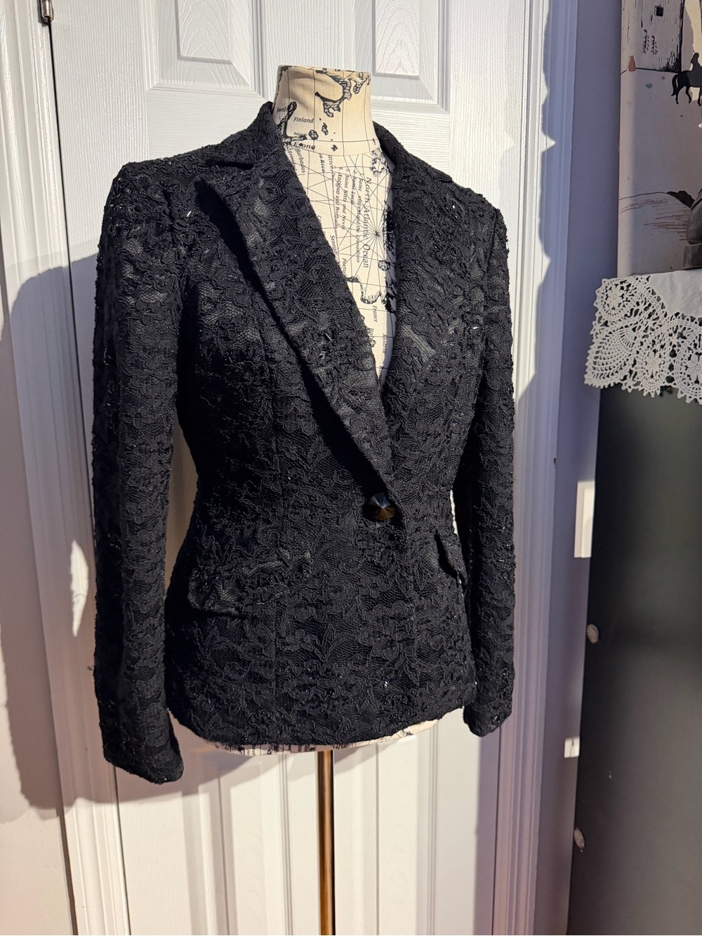 Sandra Darren Vintage Bead Embellish Sequin Evening Black Lace Textured Blazer 8